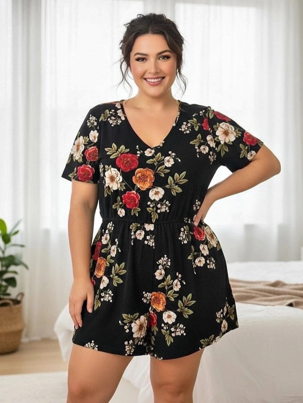 SHEIN Floral Romper in Black & Red Like New